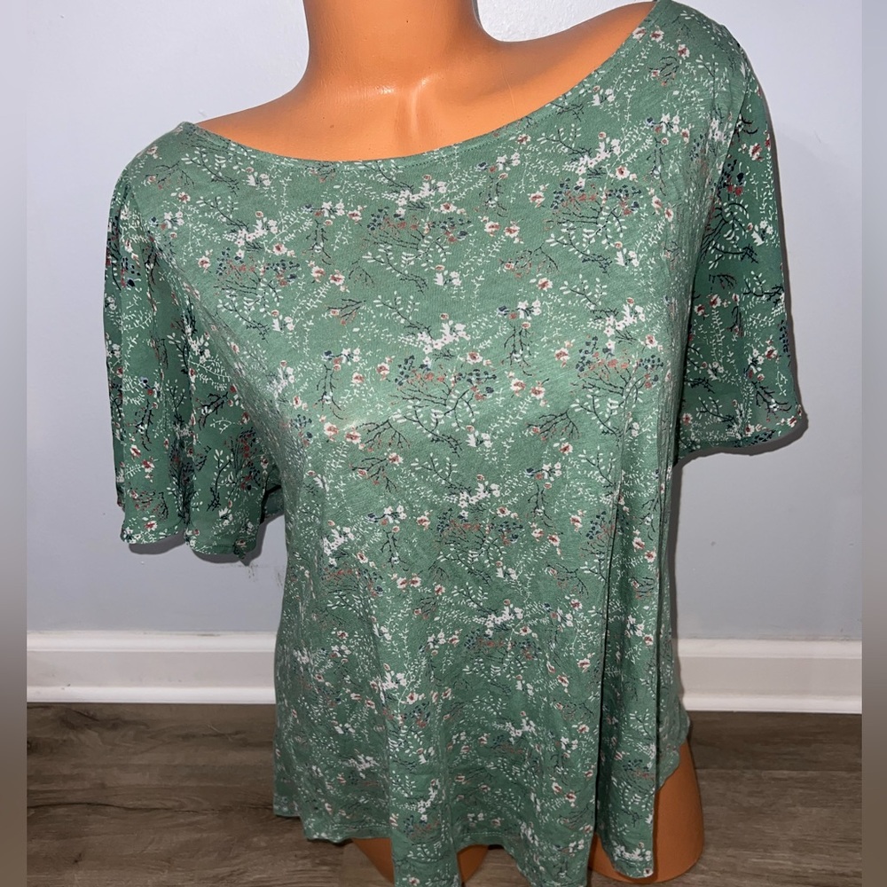 Lucky Brand Women's Short Sleeve Floral Print Tee Green Shirt Top Large